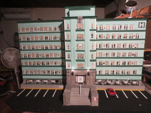 A detailed Styrofoam sculpture of a hospital