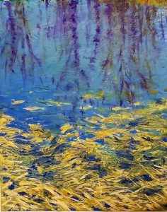 A stylized painting of water with trees reflected