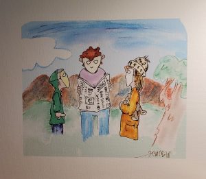 A drawing of three whimsical figures wearing masks