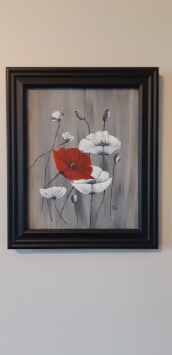 A painting of red and white poppies