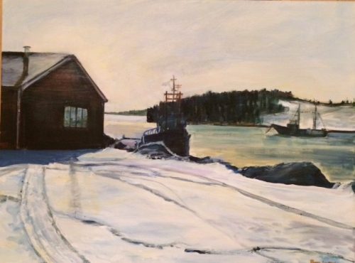 A painting of Lunenburg Harbour in winter